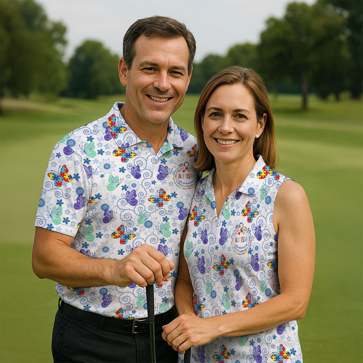 Autism Awareness Colors Puzzles Butterfly Floral Golf Shirt, Women's Golf Tops, Ladies Golf Shirts