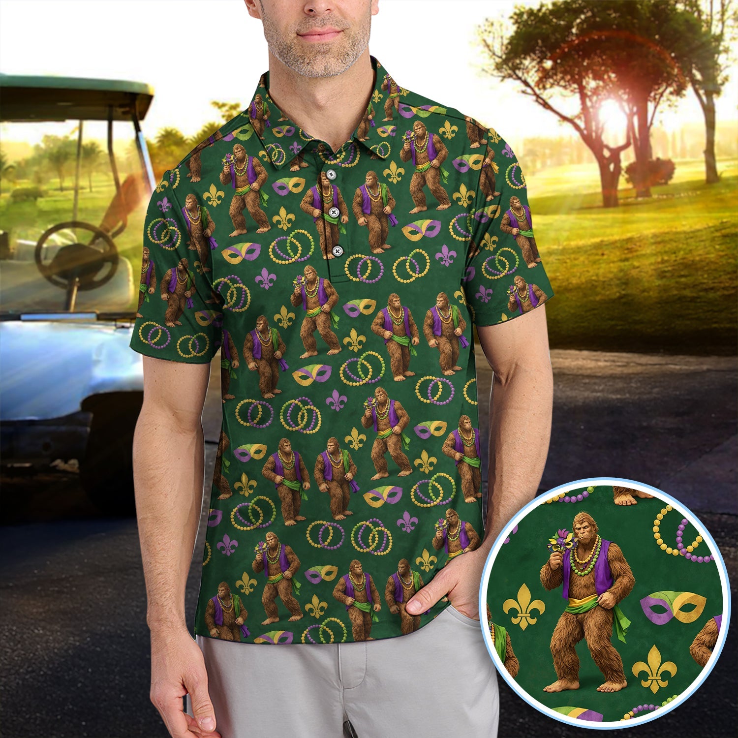 Bigfoot Mardi Gras Pattern Golf Polos, Sasquatch Holiday Golf Shirt, Golf Gift For Golfer
