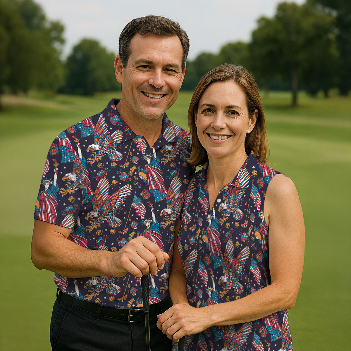 Patriotic American Eagle With Flag Statue Of Liberty Pattern 250th Anniversary Golf Shirt For Women