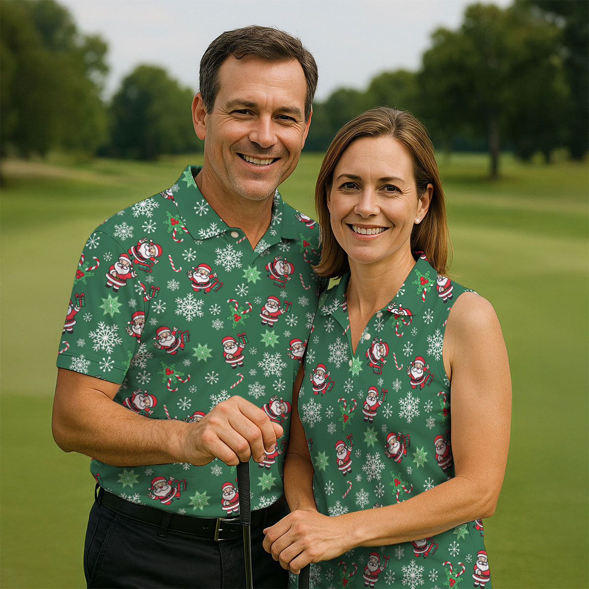 Santa Claus Pattern Christmas Green Fun Women's Golf Shirts, Christmas Golf Shirt, Ladies Golf Shirts