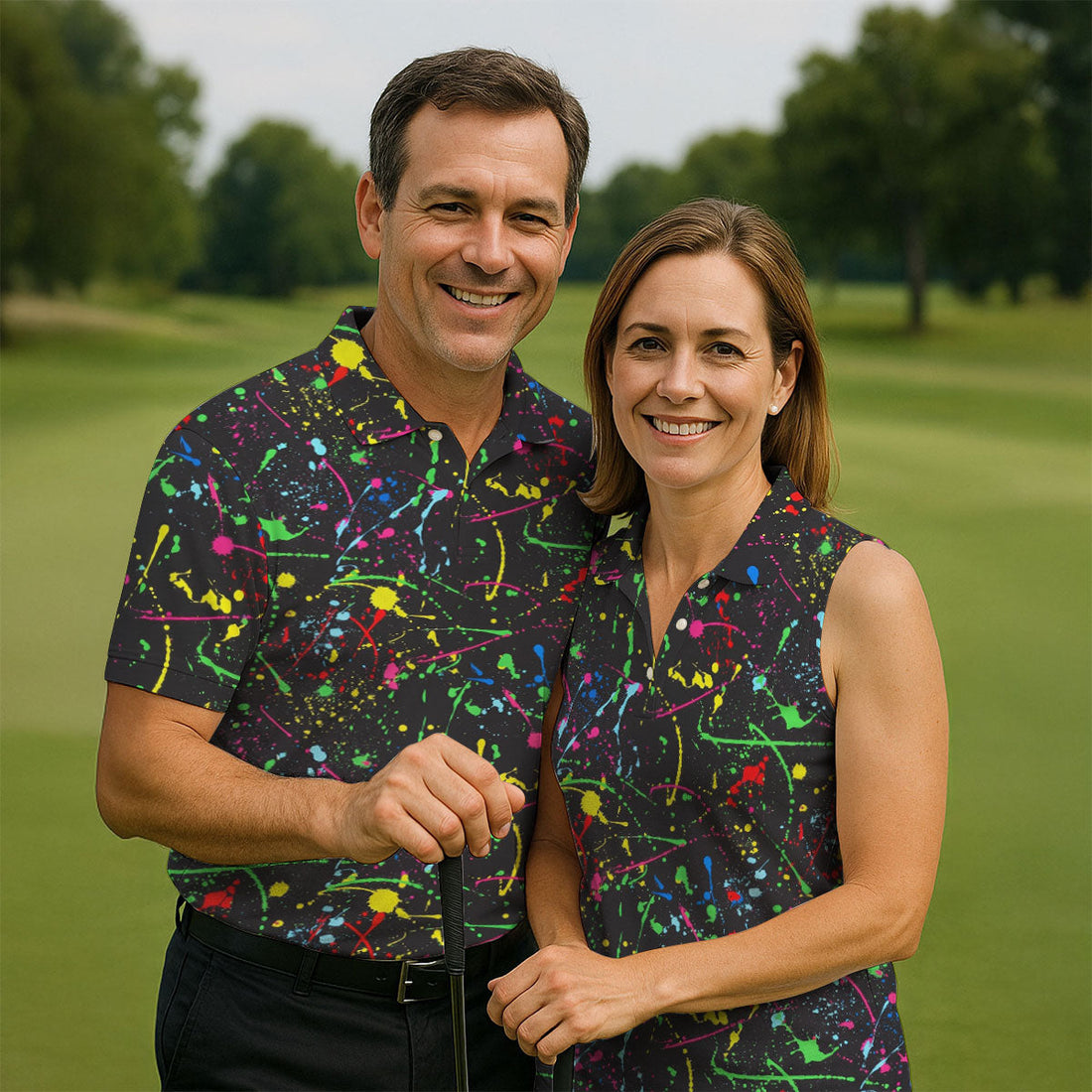Neon Paint Splatter Pattern Hawaiian Golf Shirt, Golf Shirts For Men, Polo Shirts For Men