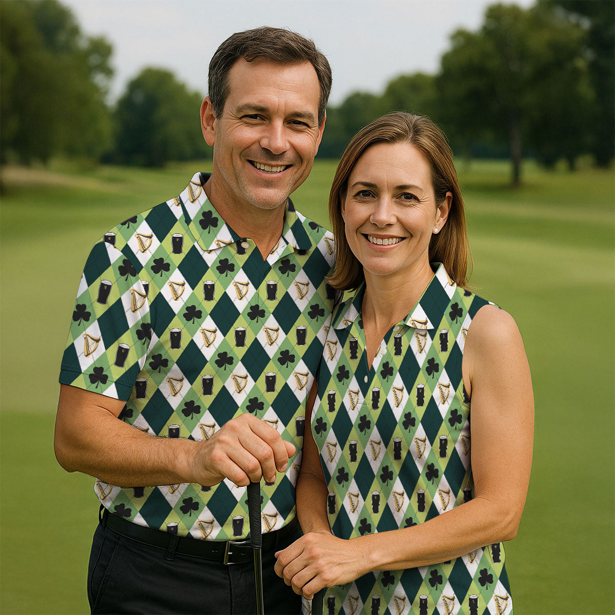 Green And White Argyle Pattern St Patrick's Day Golf Shirt, Women's Golf Shirts, Ladies Golf Polos