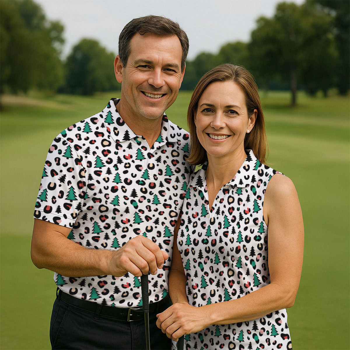 Leopard Pattern Xmas Pine Tree Women's Golf Shirts, Christmas Golf Shirt, Cute Golf Outfit, Ladies Golf Polos