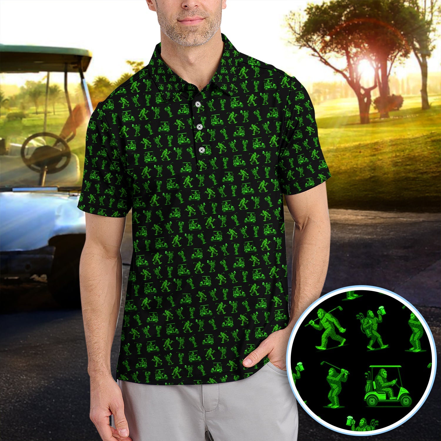 Bigfoot Golf Pattern Shirt, Funny Sasquatch Golf Polos For Men, Neon Green Golf Shirt For Golfer