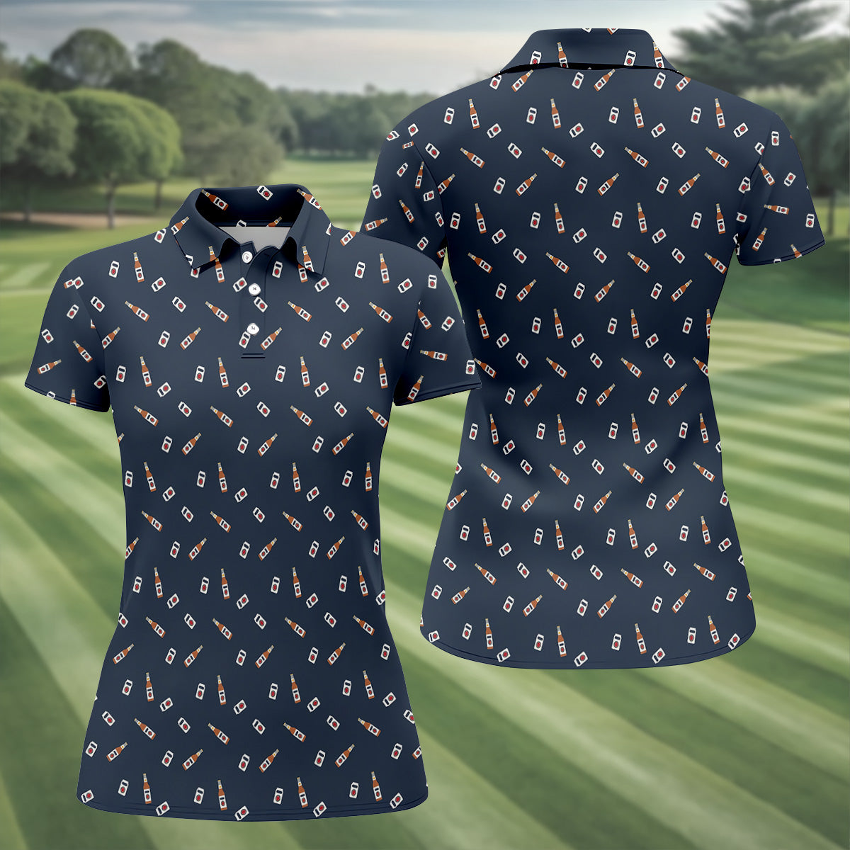 Beer Bottle Vs Can Seamless Pattern Women's Golf Tops, Golf And Beer Ladies Golf Shirt