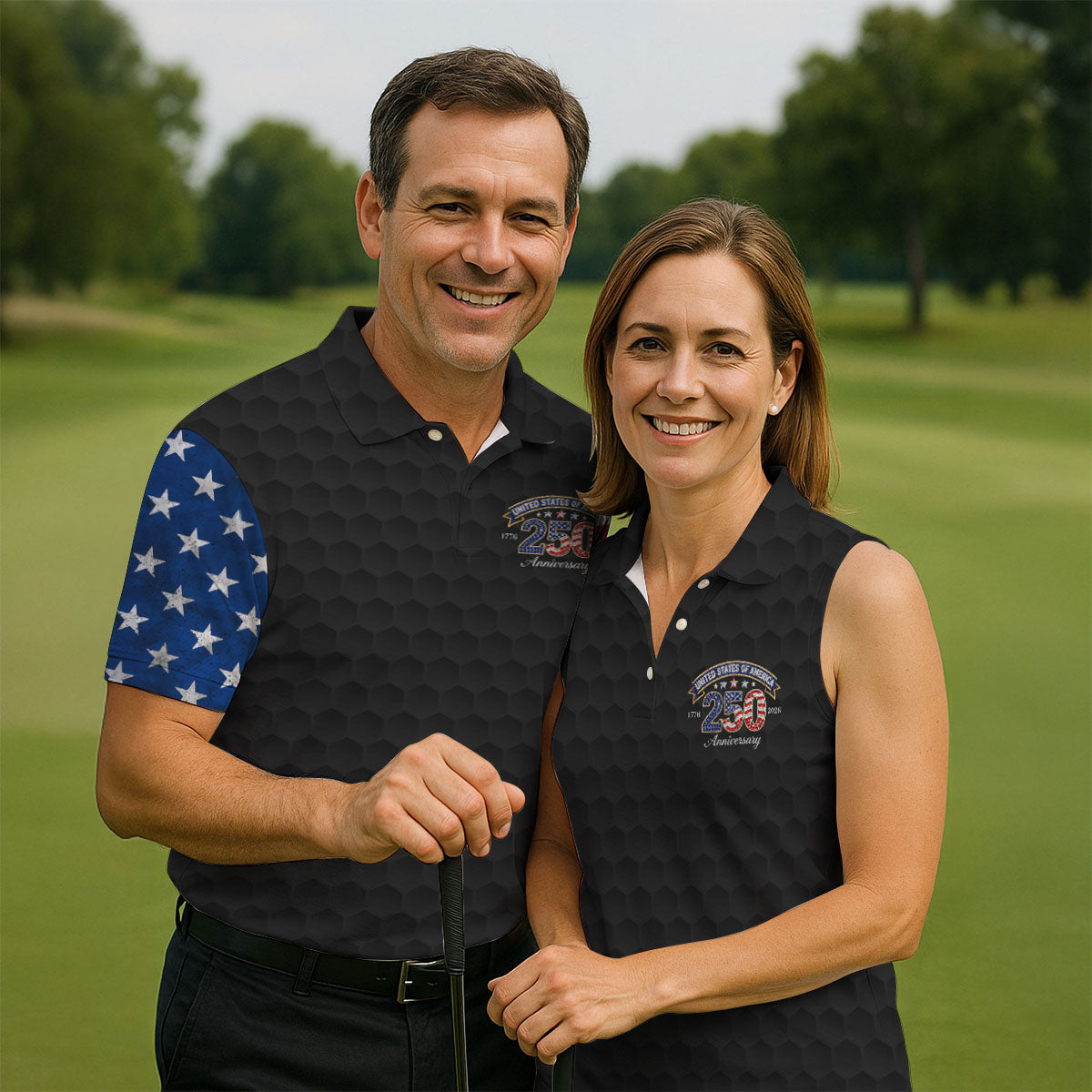 250th Anniversary Golf Ball Pattern Black Golf Shirt, Patriotic 4th Of July Golf Shirt, Golf Shirt For Women