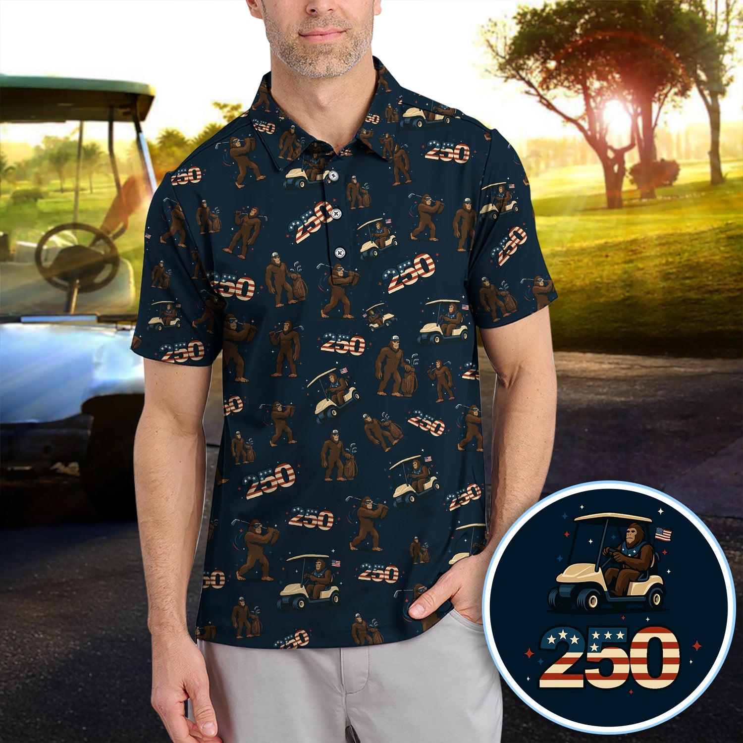 Crazy Bigfoot Golf Polos For Golfer, Patriotic 250th Anniversary Pattern Golf Shirt, Funny Golf Gift For Men