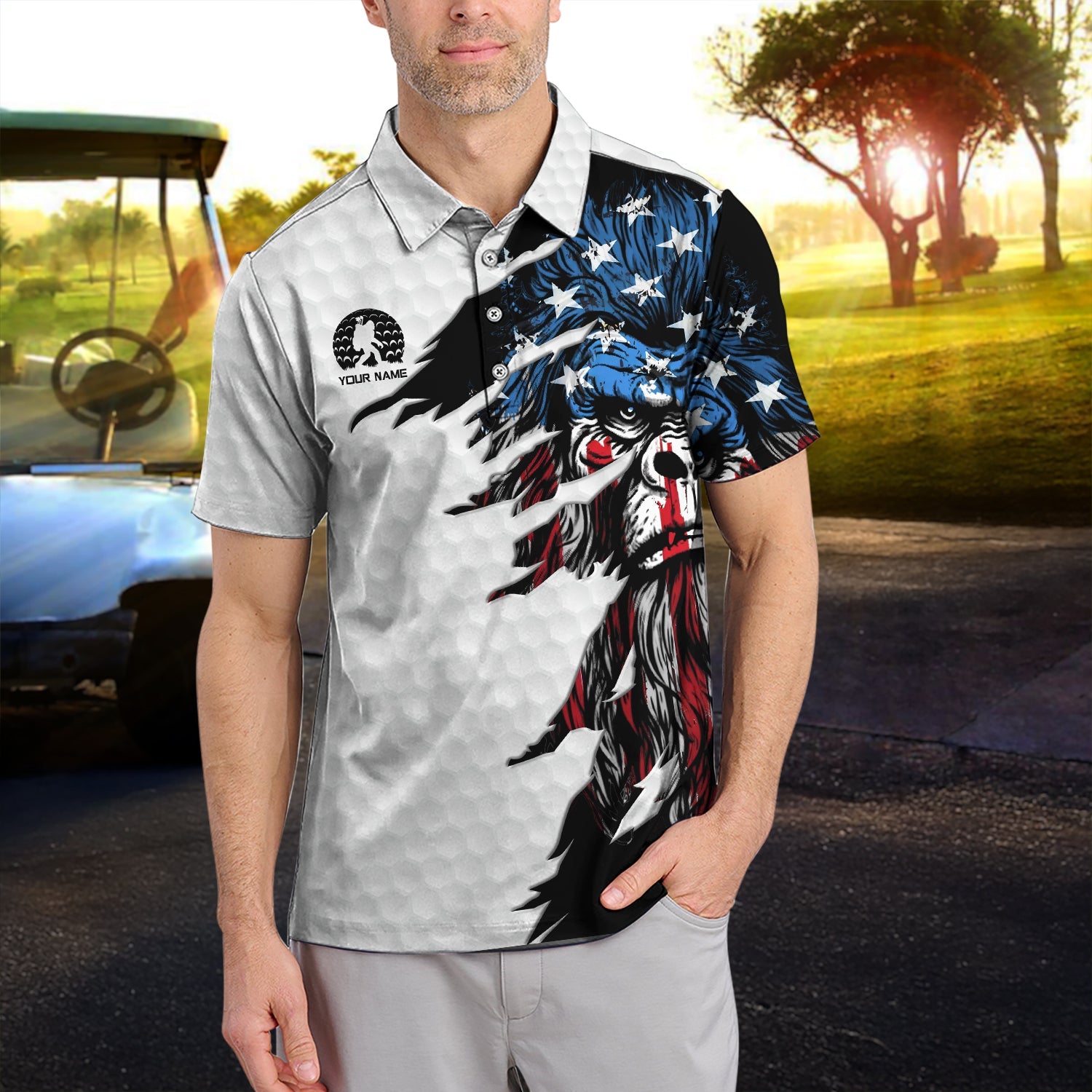 Personalized Patriotic Bigfoot Polos, Custom Name American Flag Bigfoot Golf Shirt, Golf Gift For Golfer
