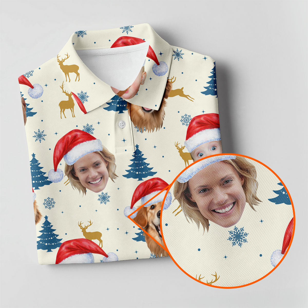 Custom Face Pine Tree Pattern Beige And Navy Christmas Golf Shirt, Ladies Golf Shirts, Golf Gifts For Women