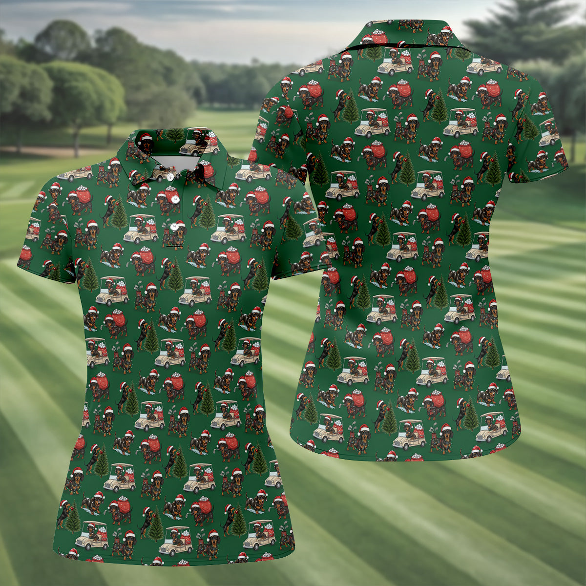Dachshund Christmas Green Golf Shirt, Christmas Golf Shirt, Women's Golf Tops, Cute Golf Outfit