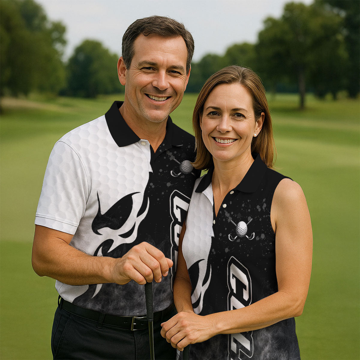 Monochrome Skull Golf Ball Graphic Golf Shirt, Mens Golf Polo, Printed Golf Shirts