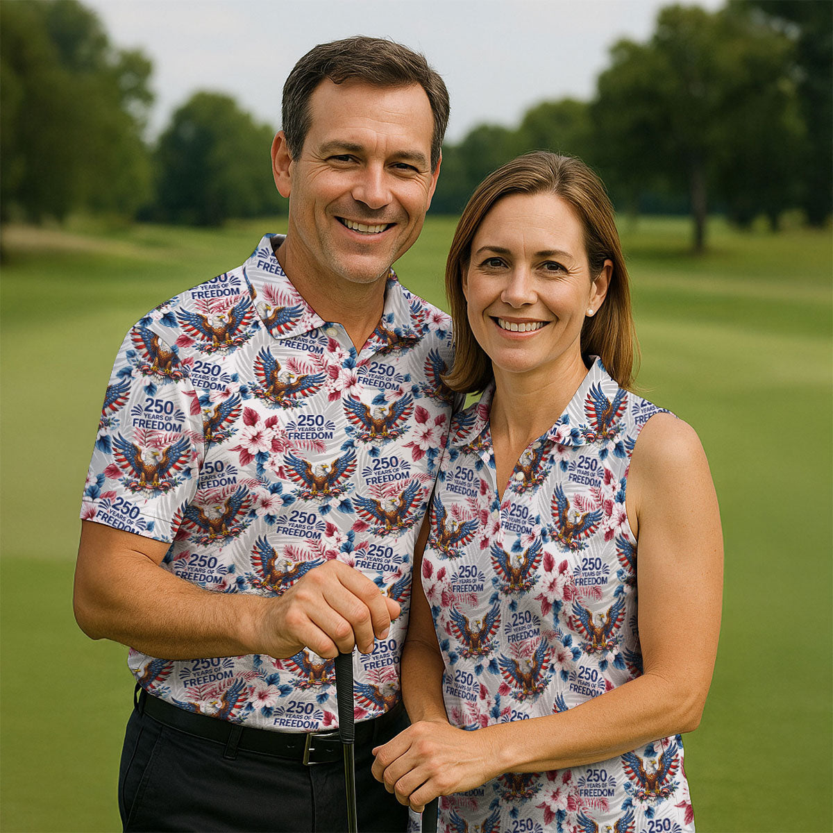 250 Years Of Freedom US Bald Eagle Tropical Theme Ladies Golf Shirts, Patriotic 4th Of July Golf Shirt For Women