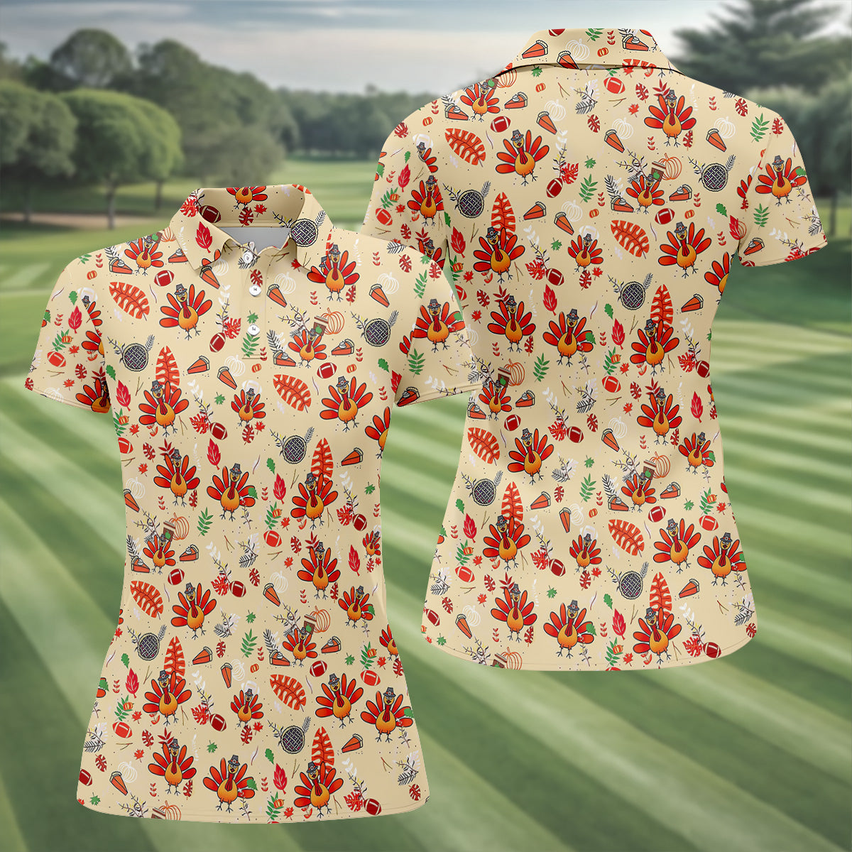 Funny Turkey Hawaiian Pattern Thanksgiving Women's Golf Tops, Fun Women's Golf Shirts, Ladies Golf Shirts