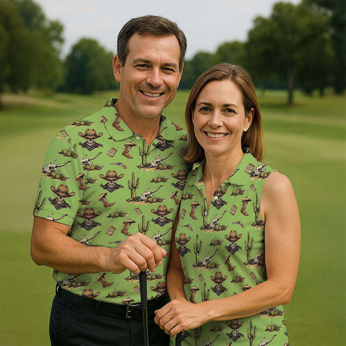 Cowboy Skeleton Longhorn Cow Skull Western Theme Sage Green Ladies Golf Shirts, Golf Shirt For Women