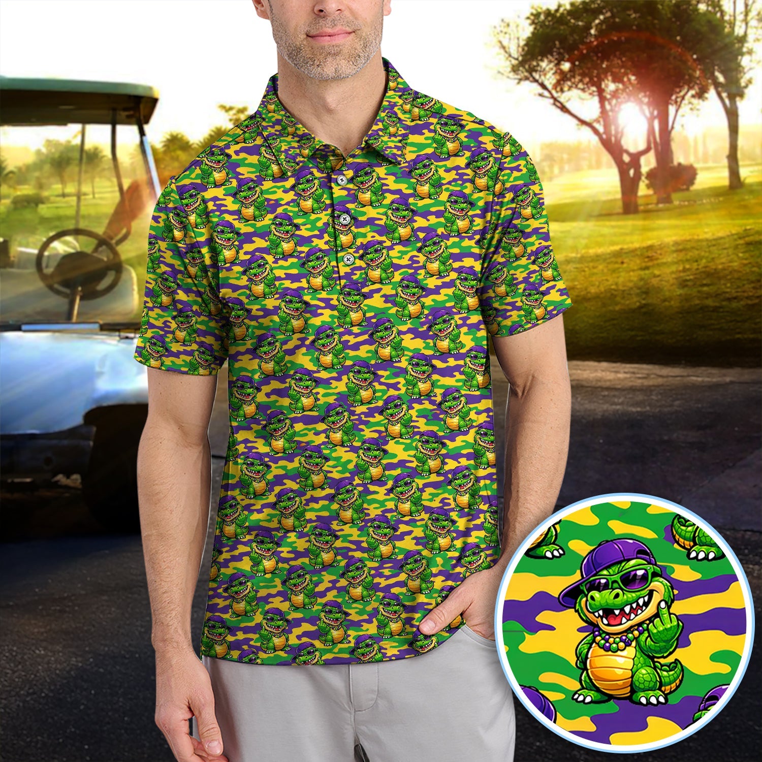 Mardi Gras Gator Golf Shirt, Funny Alligator Camo Pattern Golf Polos, Men Golf Gift