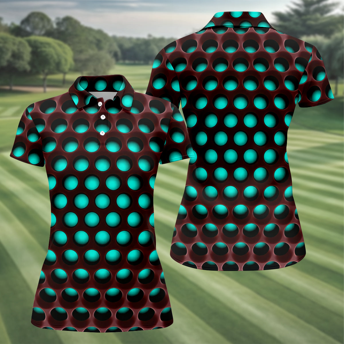 3D Effect Circular Pattern Blue Golf Shirt, Cool Golf Outfit, Women Golf Top, Ladies Golf Shirts