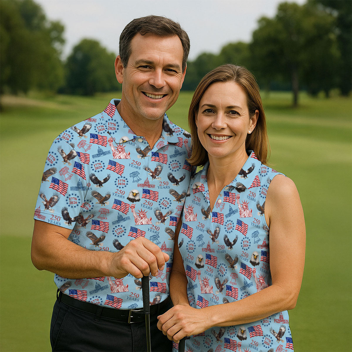 250 Years American Symbol Patriotic Pattern Blue Golf Shirt, 4th Of July Golf Shirt, Golf Shirt For Women