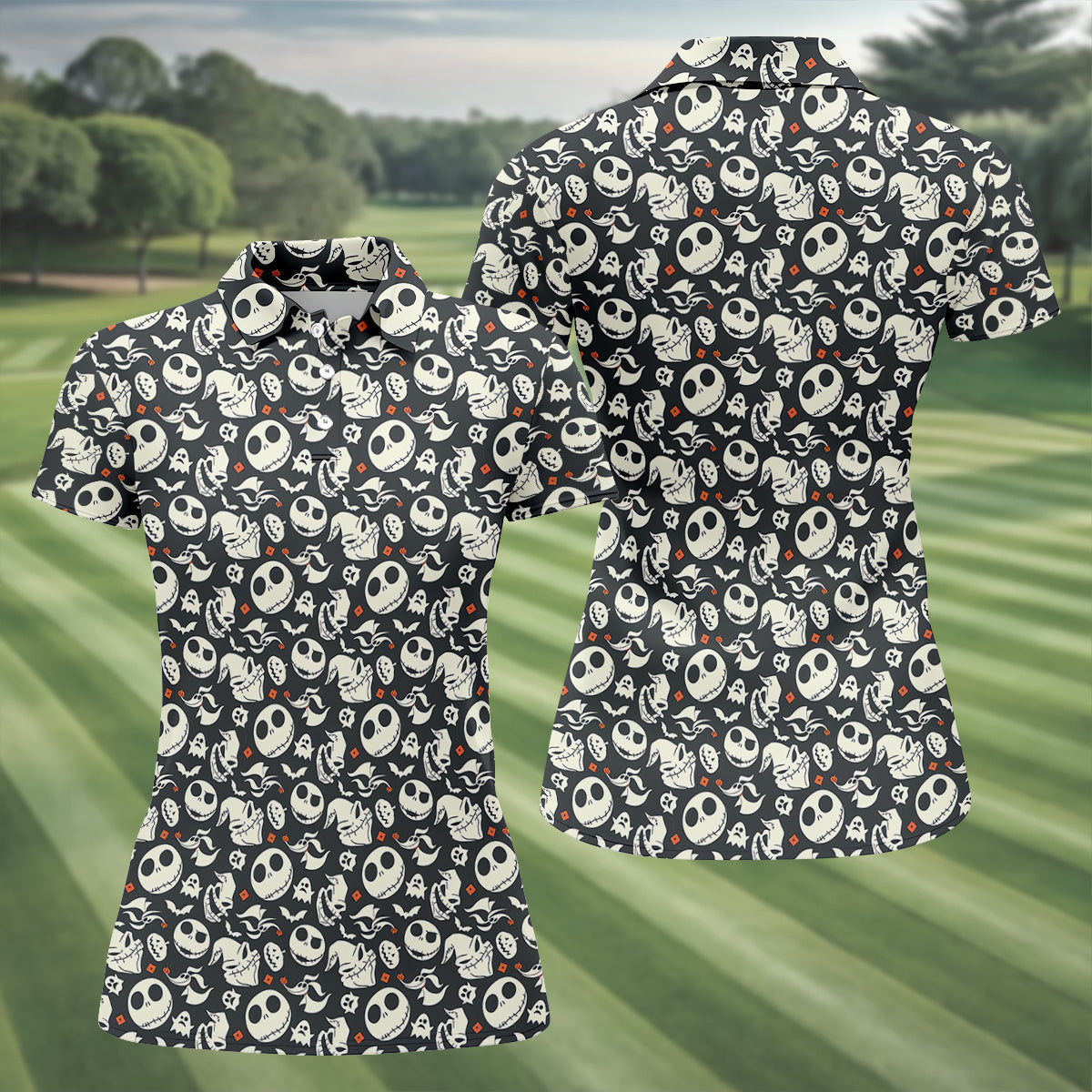 Nightmare Skull Women's Golf Tops, Horror Pattern Ladies Golf Polos, Halloween Golf Shirt