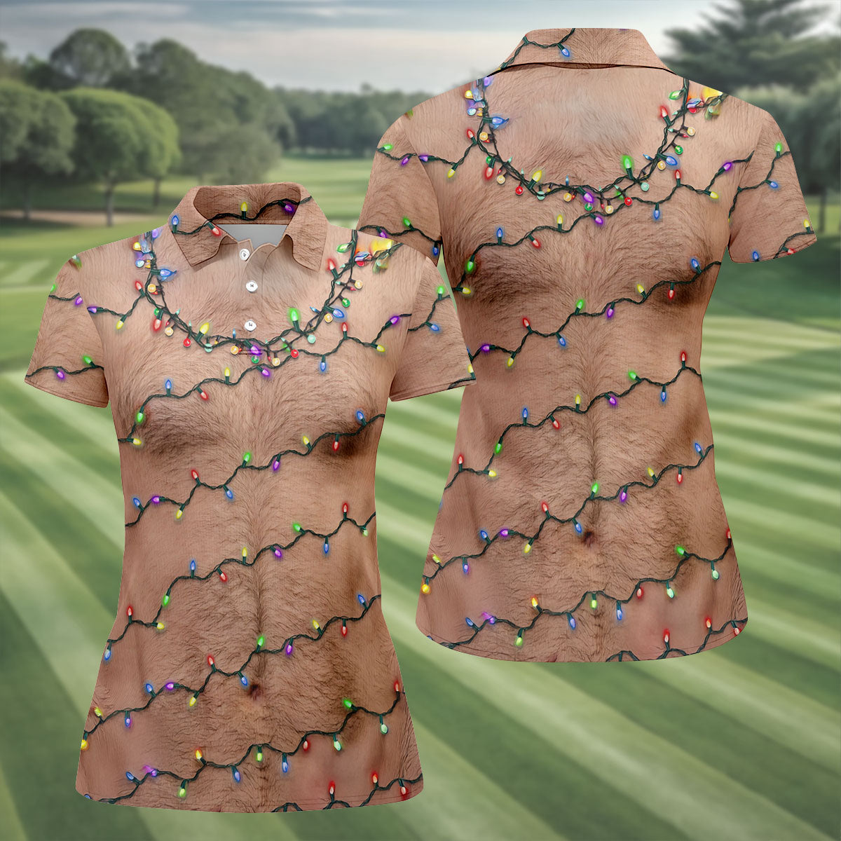 Funny Hairy Chest Women's Golf Tops, Christmas Golf Shirt, Ladies Golf Polos, Golf Gift For Ladies