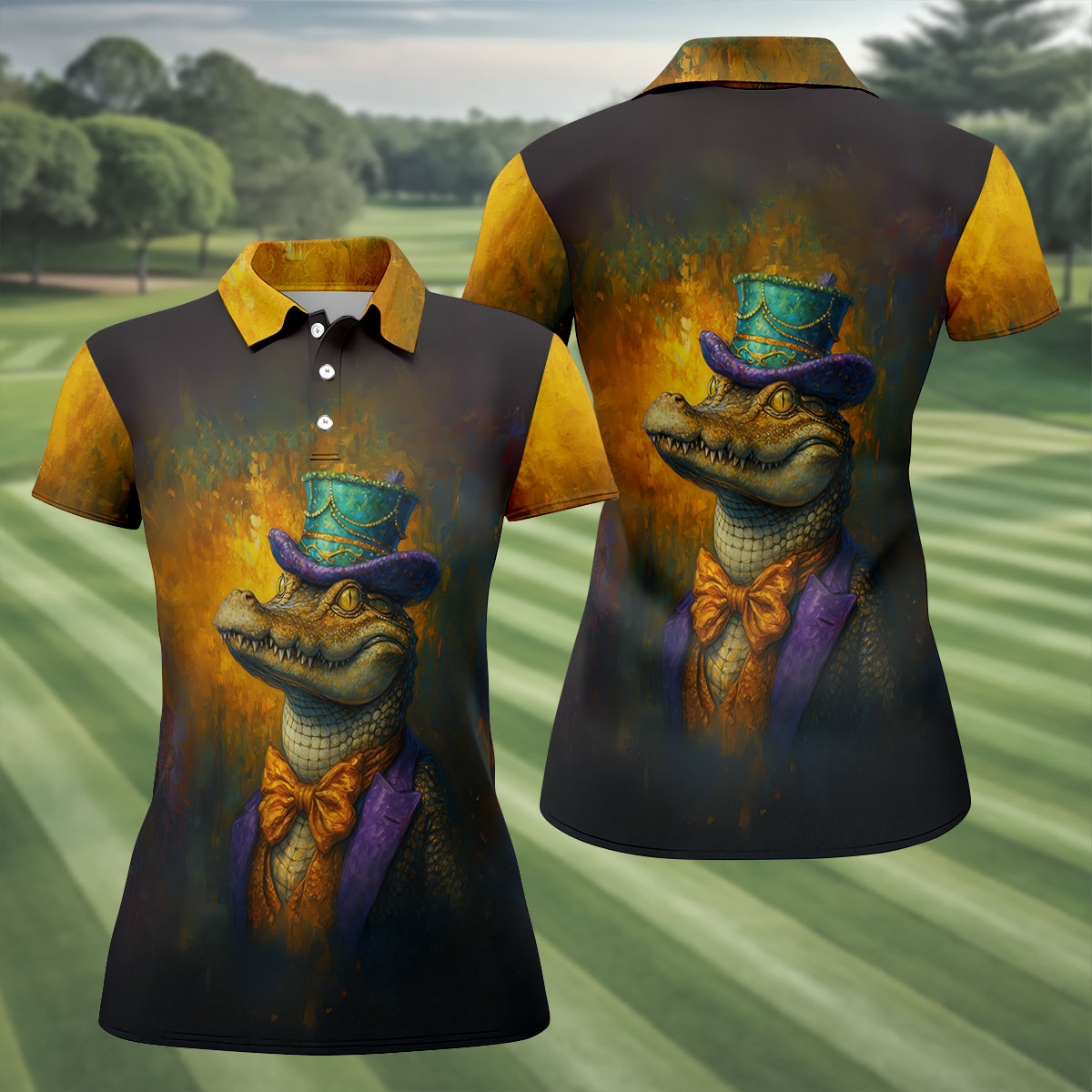 Mardi Gras Aligator Retro Golf Shirt, Women's Golf Shirts, Women's Golf Tops, Ladies Golf Shirts