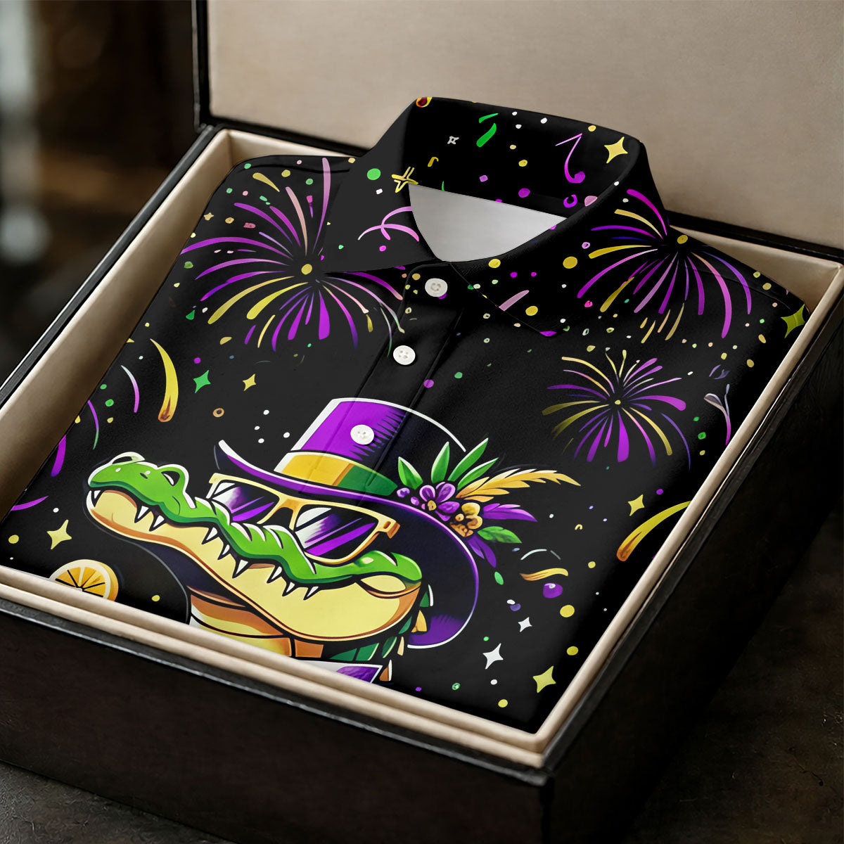 Mardi Gras Aligator Purple Green Gold Confetti Star Women's Golf Shirts, Women's Golf Tops, Ladies Golf Shirts