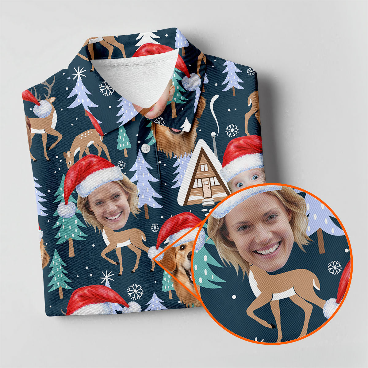 Custom Face Pine Tree Reindeer Dark Teal Green Christmas Golf Shirt, Golf Gifts For Women