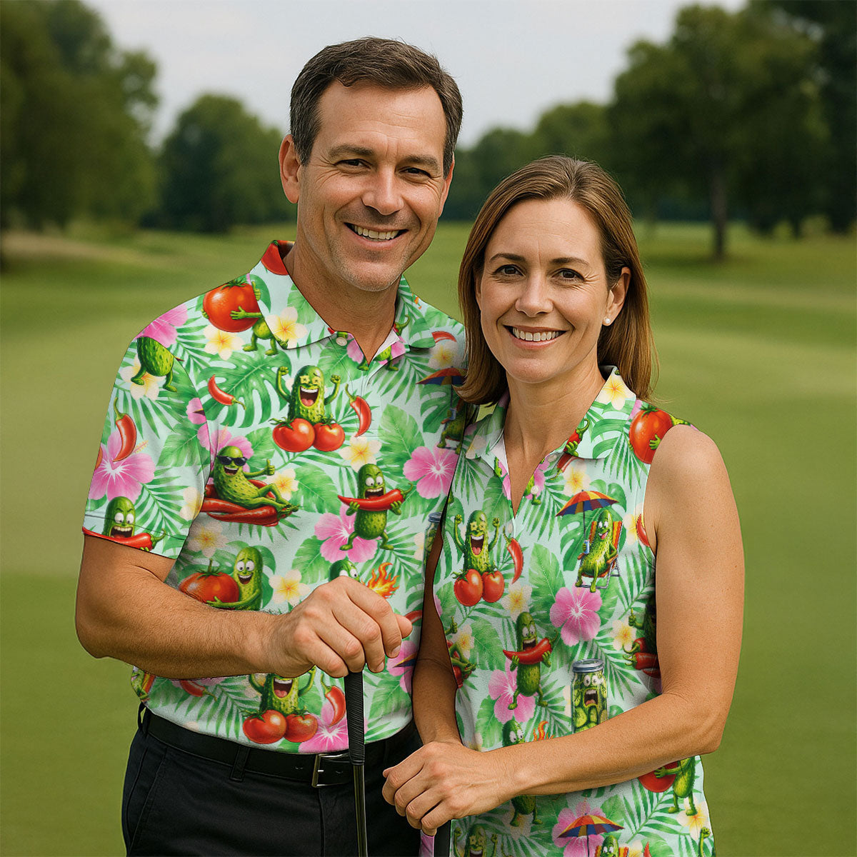 Funny Pickle Tomato Chili Tropical Hawaiian Golf Shirt, Golf Polo For Women, Printed Golf Shirt