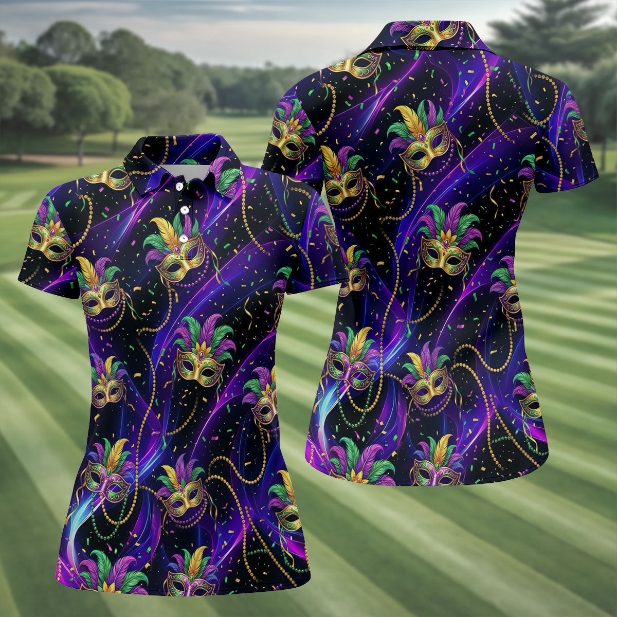Mardi Gras Carnival Mask Neon Purple Black Golf Shirt, Women's Golf Tops, Ladies Golf Shirts