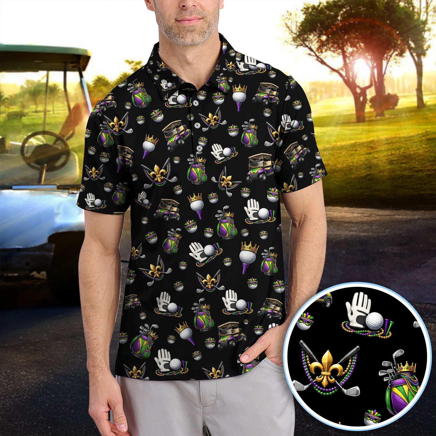 Mardi Gras Pattern Golf Shirt For Men, Funny Golf Polos, Crazy Golf Gift For Golfer