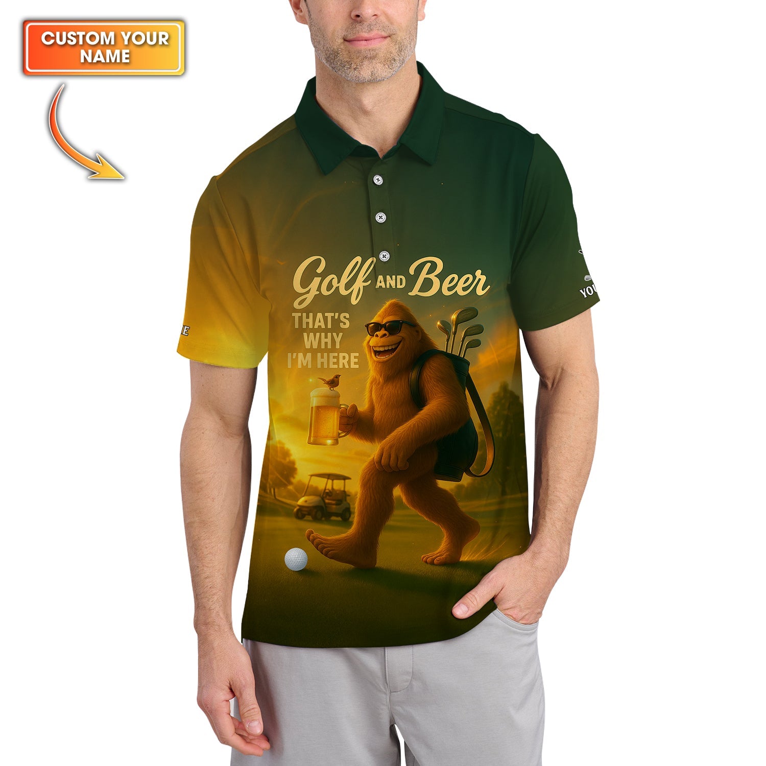 Personalized Funny Golf Shirt, Golf And Beer Polos, Bigfoot Golf Shirt For Men's
