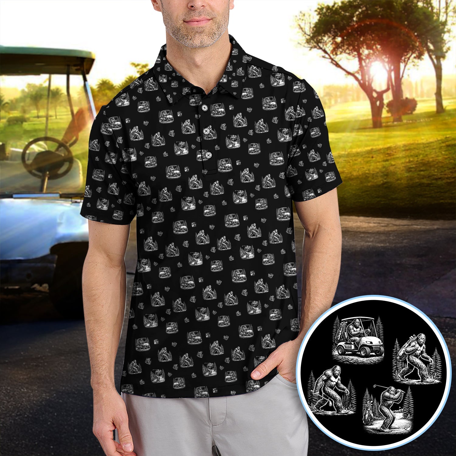Bigfoot Pattern Golf Polos, Funny Sasquatch Golf Shirt, Crazy Golf Gift For Men