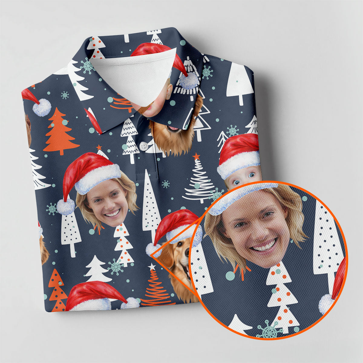 Custom Face White And Orange Xmas Pine Tree Christmas Golf Shirt, Ladies Golf Tops, Golf Gifts For Women