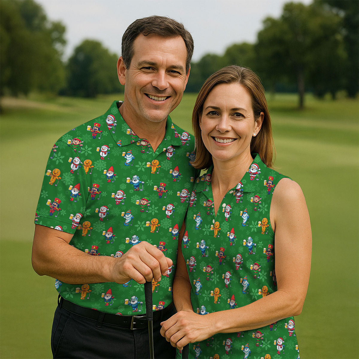Christmas Characters Golf And Beer Green Women's Funny Golf Shirts, Christmas Golf Shirt, Polo ShirtFor Women