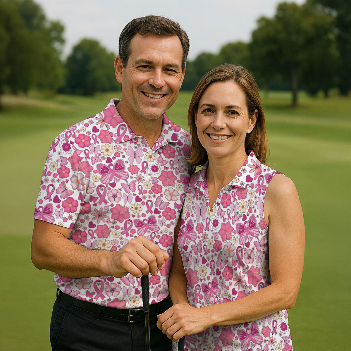 Breast Cancer Pink Ribbon Floral Golf Shirt, Cancer Awareness Shirt, Polo ShirtFor Men, Golfing Apparel