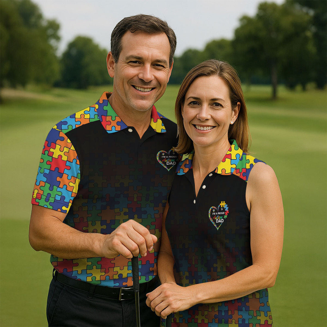 I'm A Proud Autism Dad Autism Awareness Puzzle Pattern Black Fade Golf Shirts For Men, Golf Gifts For Dad