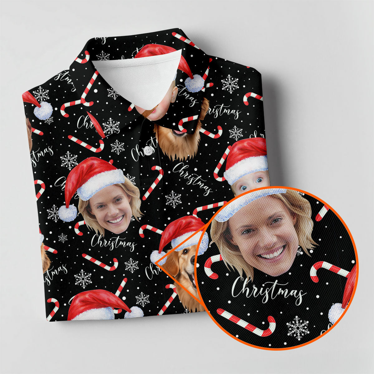 Custom Face Candy Cane Christmas Black Golf Shirt, Christmas Golf Shirt, Ladies Golf Tops, Golf Gifts For Women