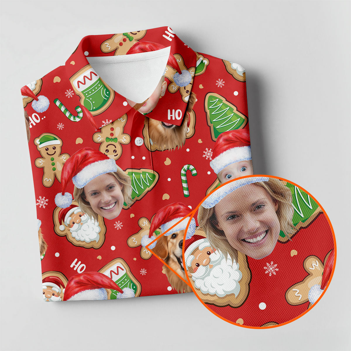 Custom Face Ho... Gingerbread Pattern Red Golf Shirt, Christmas Golf Shirt, Women's Golf Tops, Golf Gift For Ladies