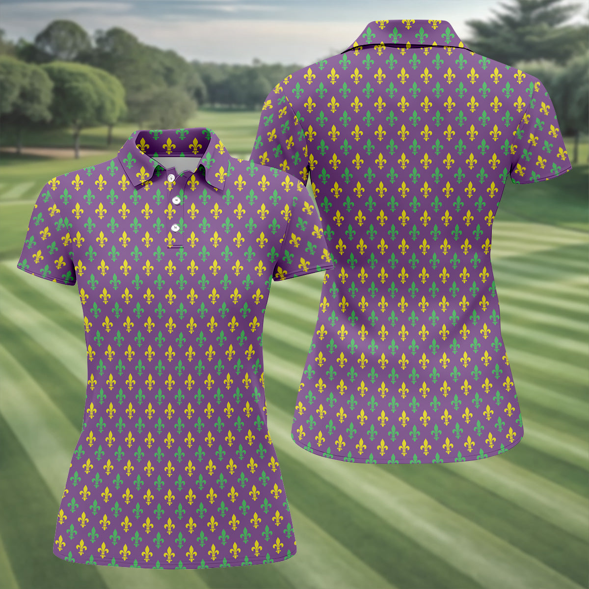 Mardi Gras Theme Green Purple Gold Fleur De Lis Pattern Women's Golf Tops, Golf Gift For Ladies