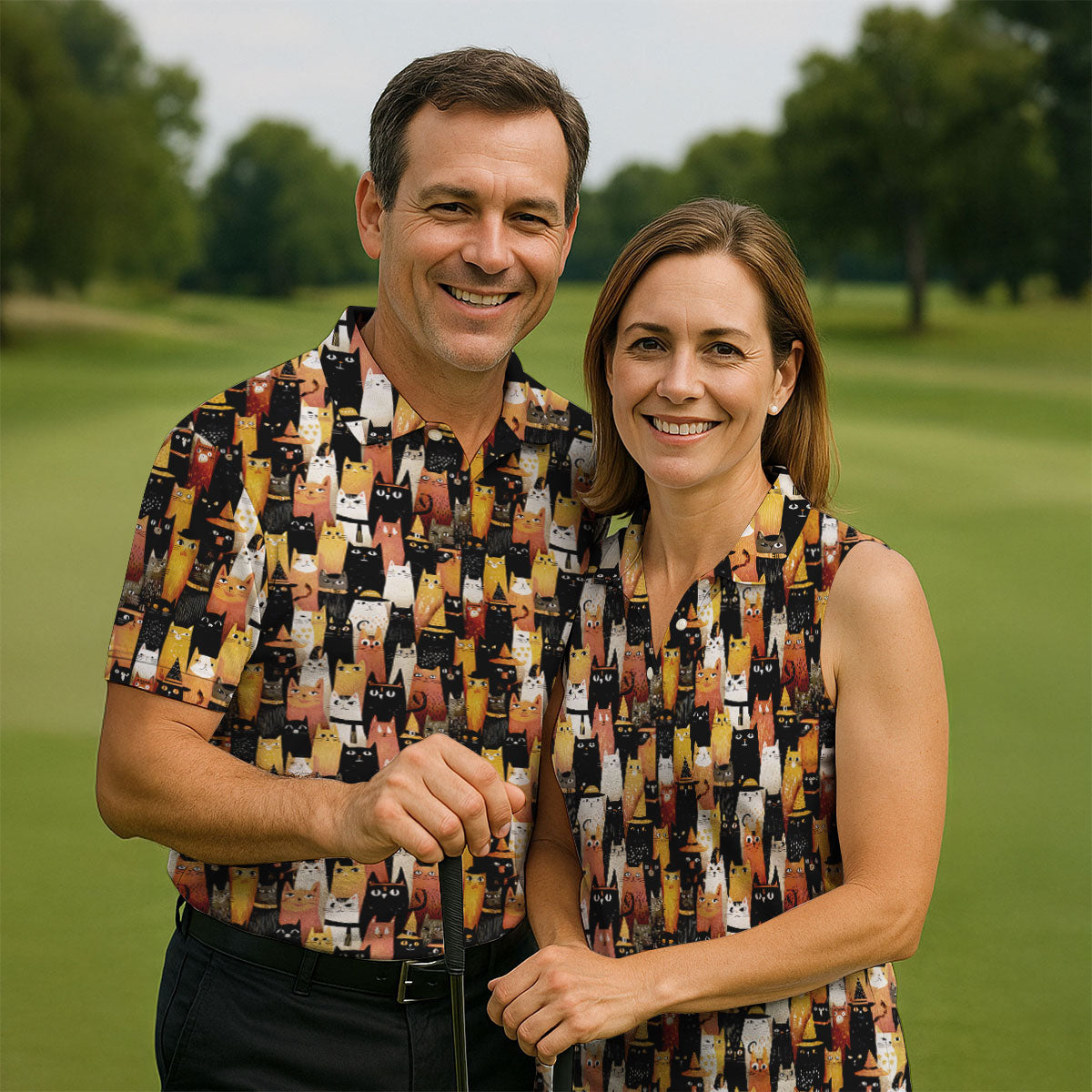 Orange Black Halloween Cat Funny Golf Shirts Women, Cute Golf Outfit, Ladies Golf Polos