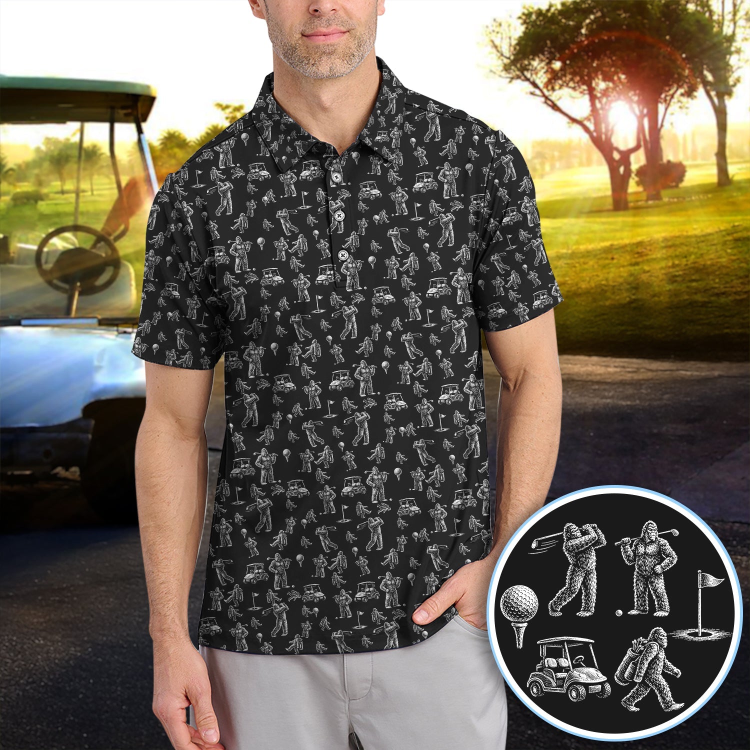 Funny Bigfoot Pattern Golf Polos, Squatch Bigfoot Golf Shirt For Men, Crazy Golf Gift For Golfer