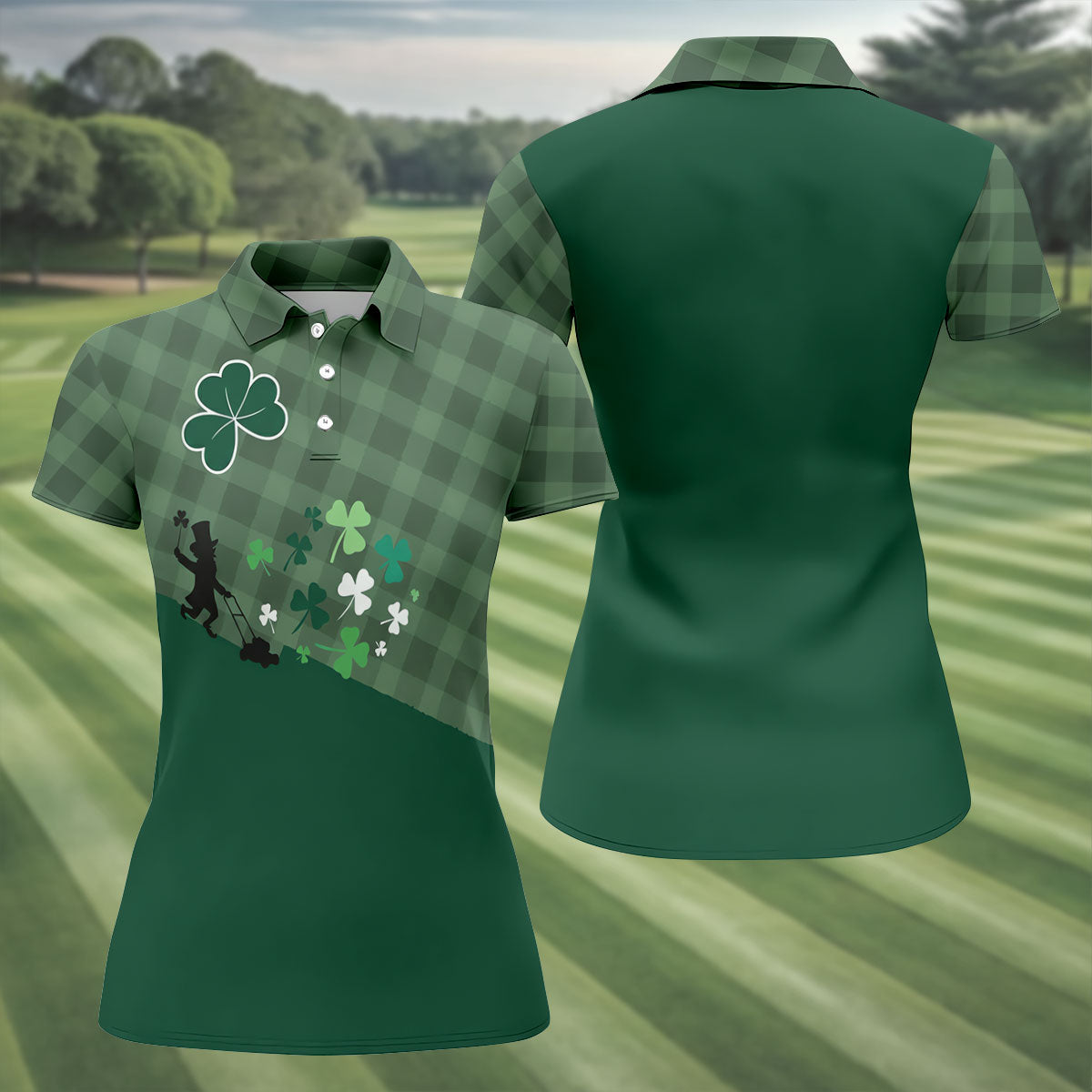 Green Checkered Leprechaun Shamrock St Patrick's Day Golf Shirt, Women's Golf Tops, Ladies Golf Shirts