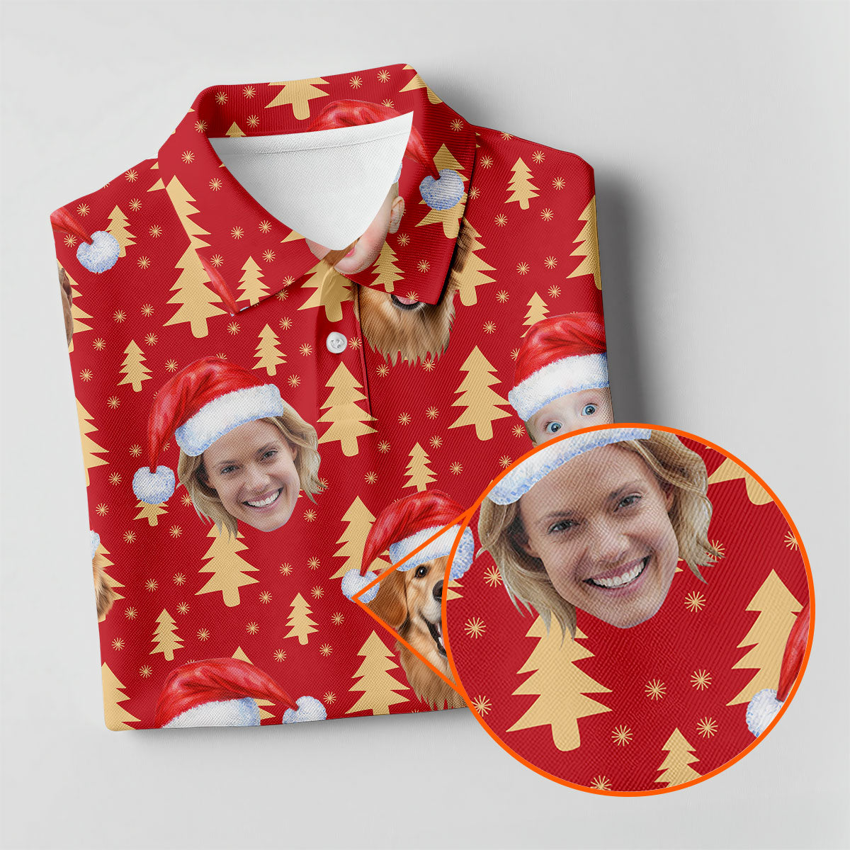 Custom Face Golden Pine Tree Red Golf Shirt, Christmas Golf Shirt, Ladies Golf Shirts, Golf Gifts For Women
