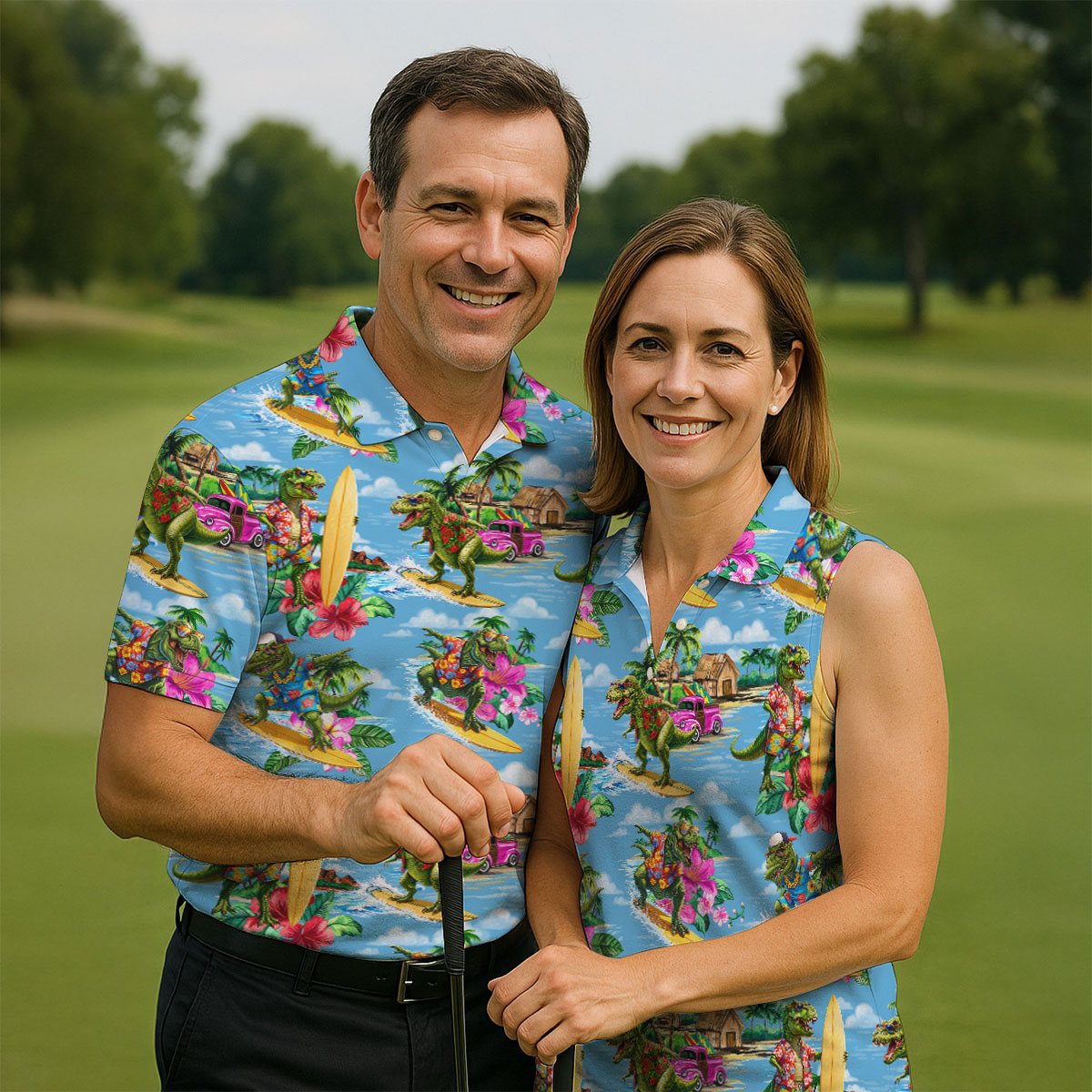 Hawaiian T Rex Surfboard Beach Hawaiian Golf Shirt, Golf Polo For Women, Printed Golf Shirt