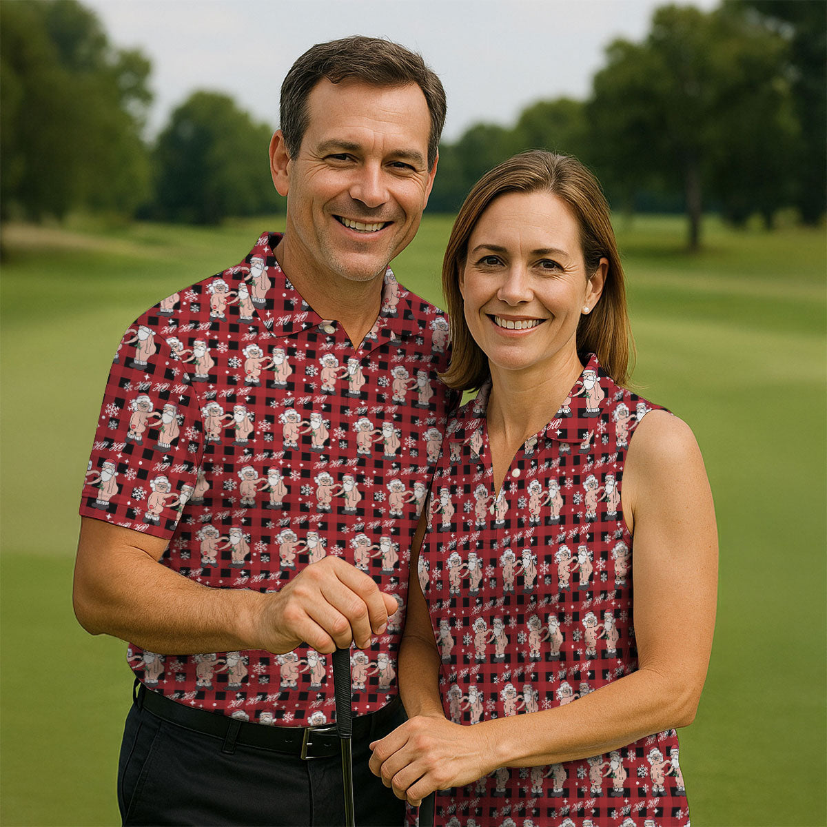 Ho Ho Ho Naughty Couple Funny Santa Christmas Golf Shirt, Fun Women's Golf Shirts, Ladies Golf Polos