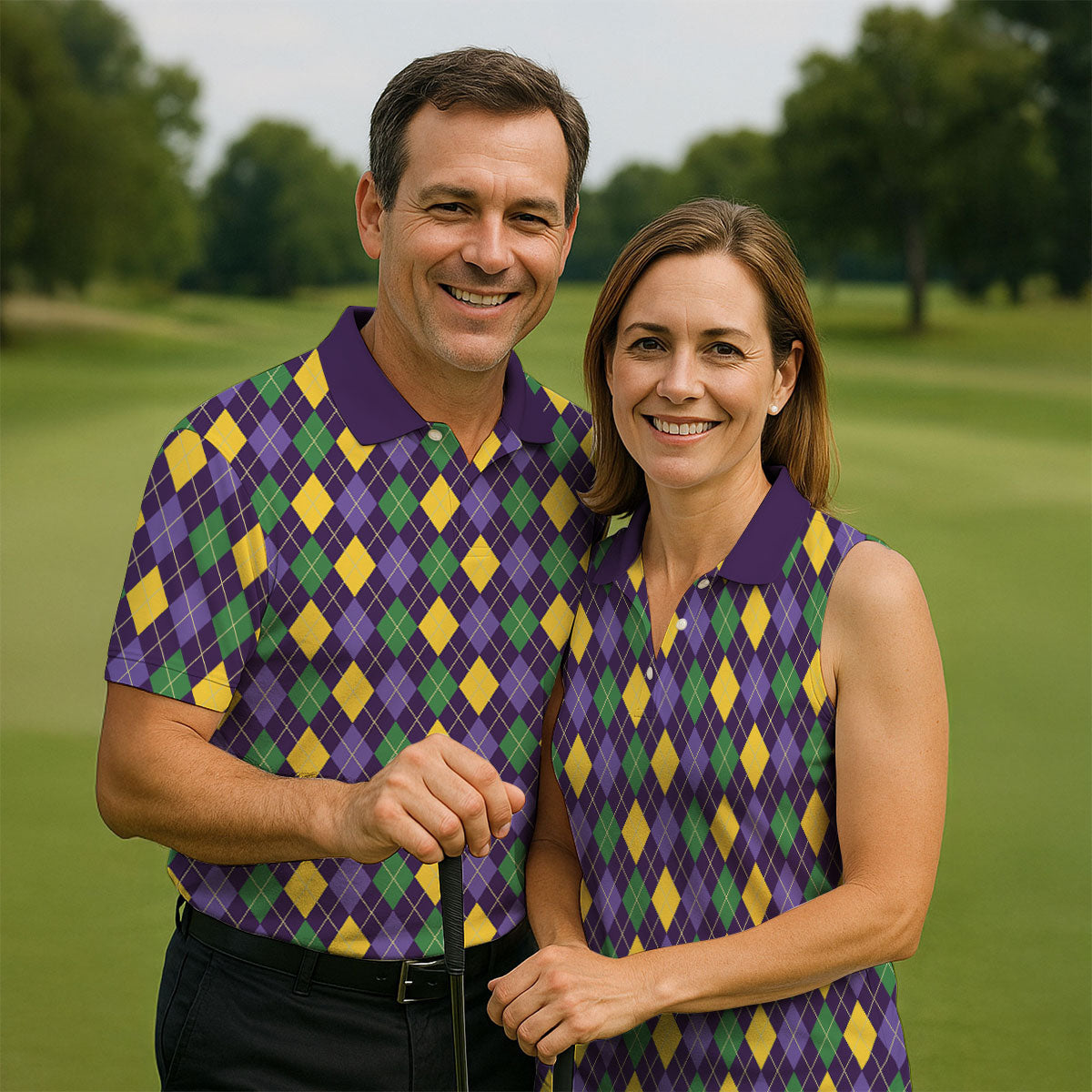 Green Purple Gold Argyle Pattern Mardi Gras Golf Shirt, Women's Golf Tops, Ladies Golf Shirts