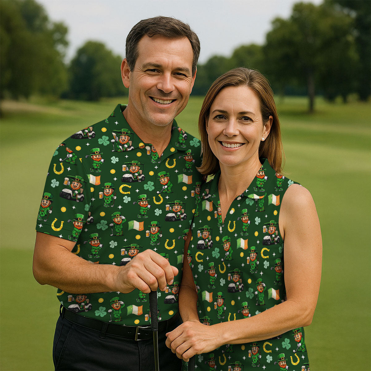 St Patrick's Day Leprechaun Golf Pose Irish Flags Shamrock Golf Shirt, Women's Golf Shirts, Ladies Golf Polos