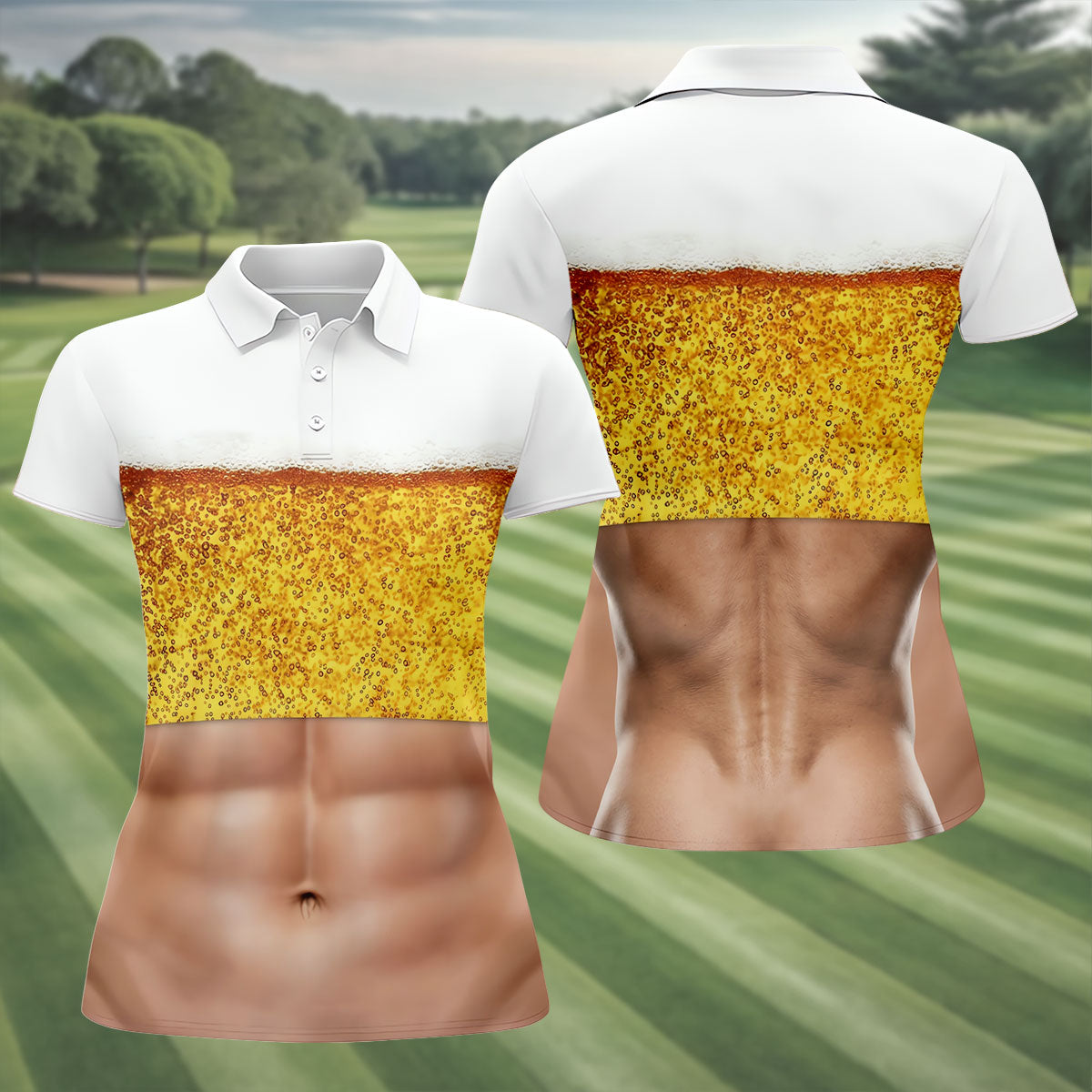 Bubbly Beer Foam Faux Abs Sleeveless Crop Golf Shirt, Golf Tops For Women, Ladies Golf Top