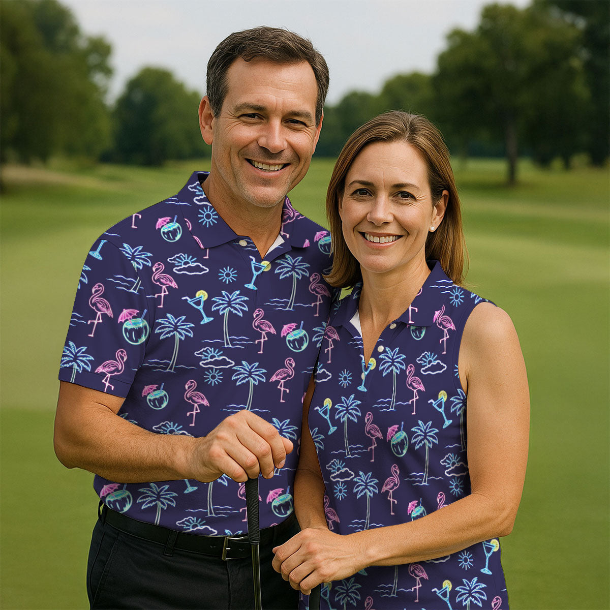 Neon Line Tropical Flamingo Hawaiian Golf Shirt, Polo Shirts For Men, Golfing Apparel