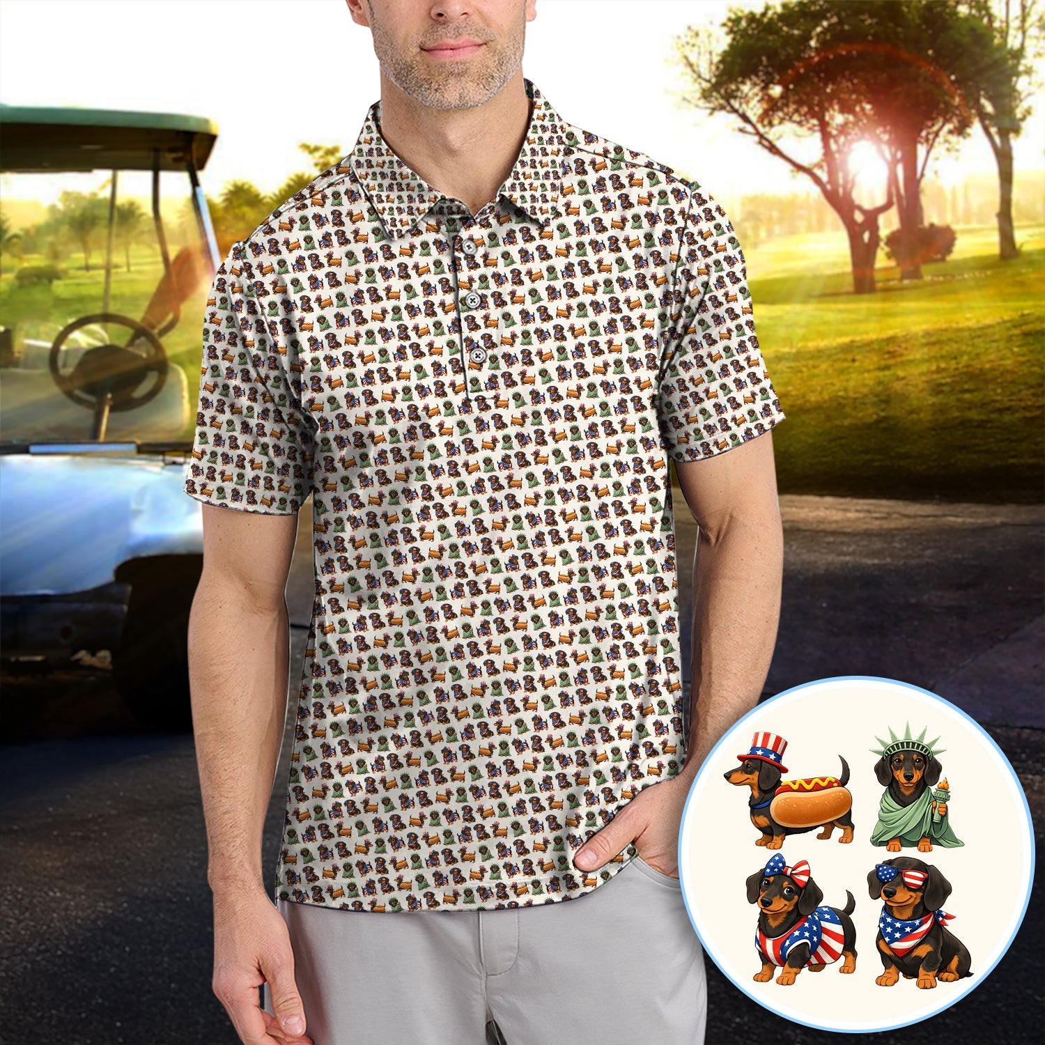 American Dachshund Pattern Golf Shirt, Funny Wiener Dog USA Golf Shirt For Men, Golf Gift For Golfer