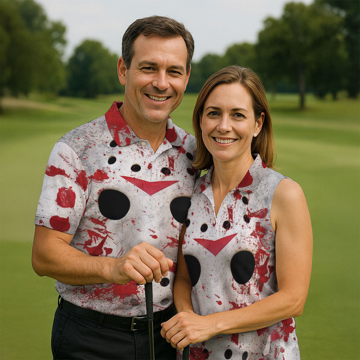 Creepy Horror Face Women's Golf Tops, Horror Cosplay Ladies Golf Polos, Halloween Golf Shirt